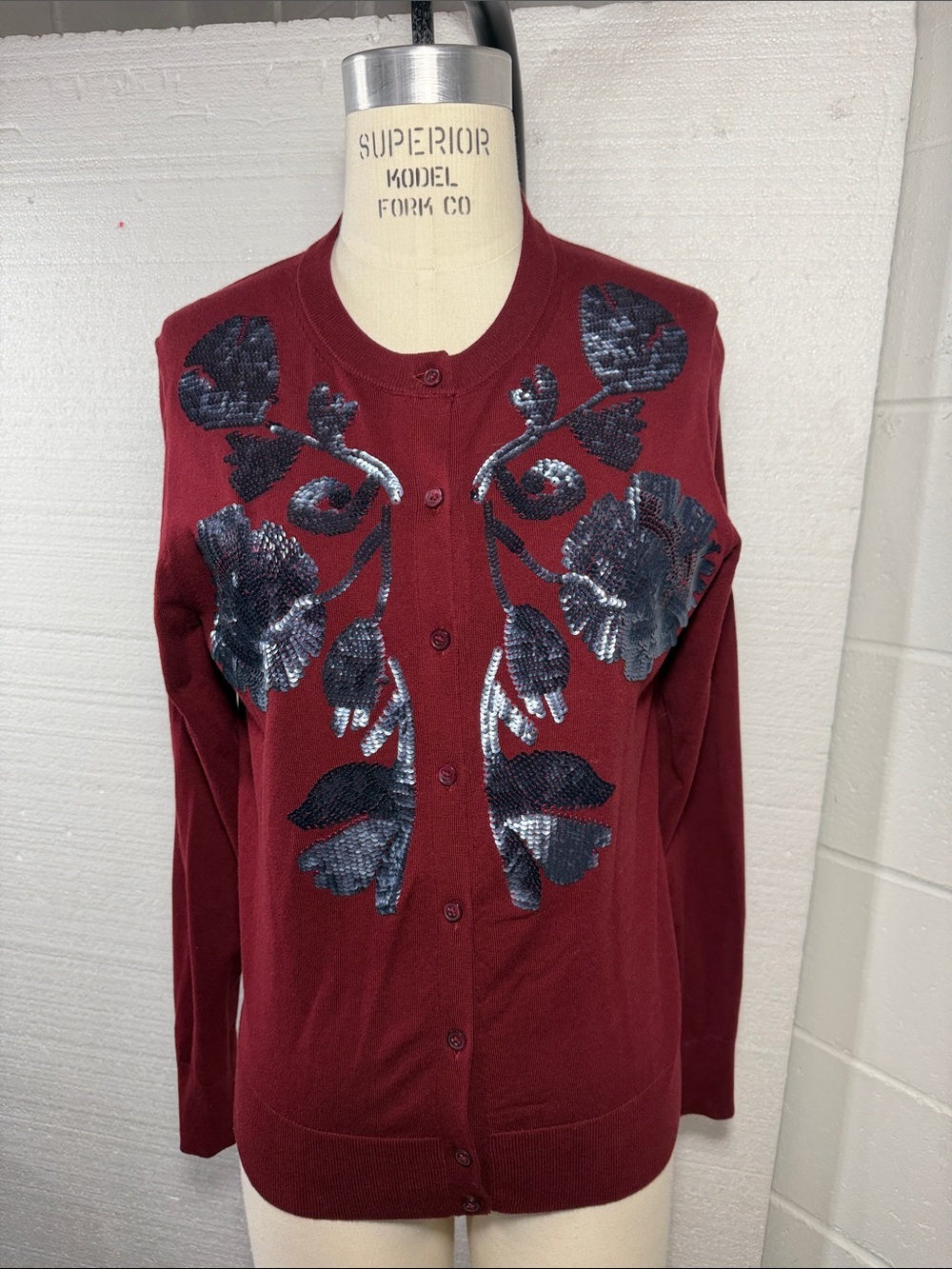 J Crew Women's Burgundy Cardigan Sweater with Sequin Floral Detail